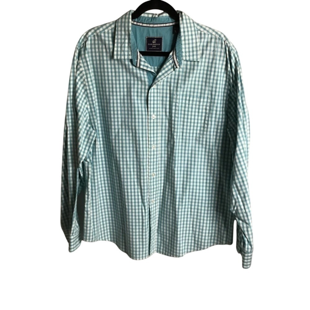 Caribbean Joe Men's Long Sleeve Size Large Turquoise And White 100% Cotton